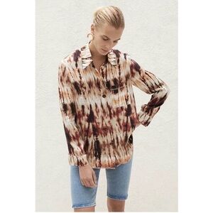 Nanushka Celes Tie Dye Button Down Shirt Brown Orange Black Long Sleeve size M